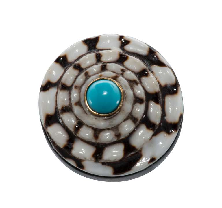 Ebony and shell ring with 8mm center turquoise.  Size 7