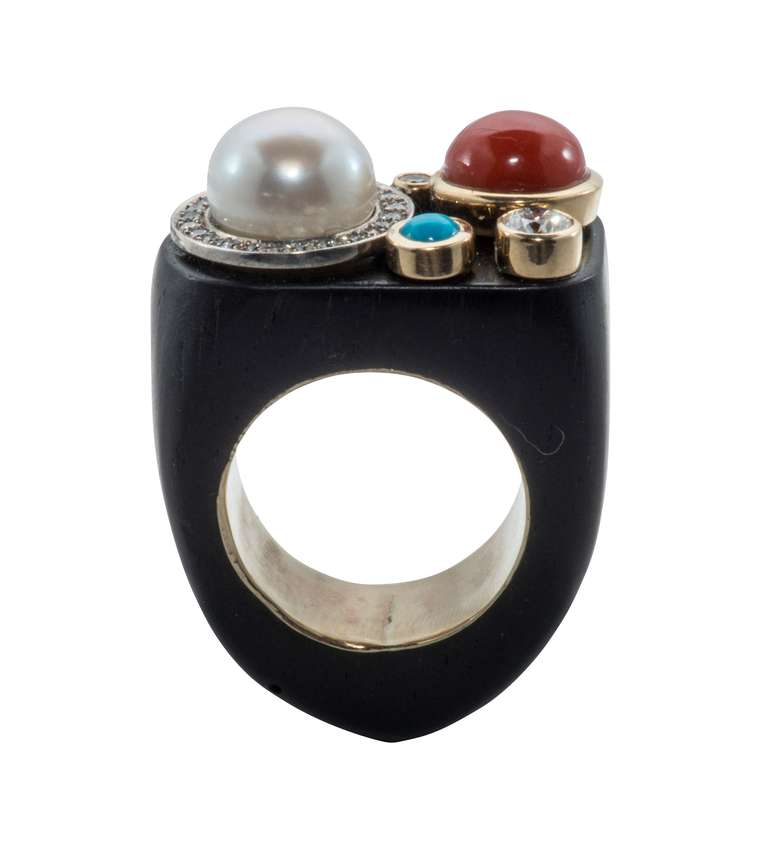 Ring of Ebony from 1930. 18k yellow gold,Pearl,Diamond, Natural Turquoise and Jasper ring, size 6, with a rectangular shape top and 18k yellow gold inside of finger.  Number 1 of limited edition.