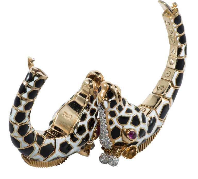 David Webb Giraffe Enamel and Diamond Cuff in 18 K and platinum Yellow gold with Ruby eyes