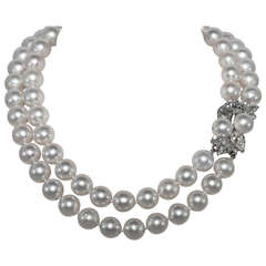 Stunning Double Strand South Sea Pearls and Diamond Necklace