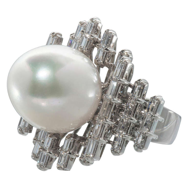 South Sea Pearl and Baguette Diamond Ring at 1stdibs