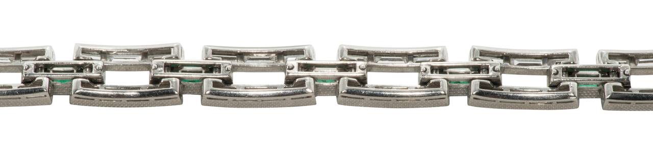 Women's Cartier Art Deco Emerald Diamond Platinum Link Bracelet For Sale