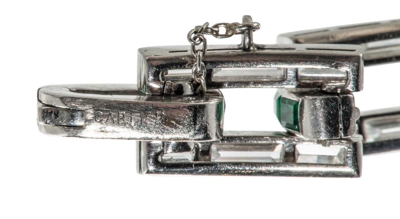 Cartier Art Deco Emerald Diamond Platinum Link Bracelet For Sale 1