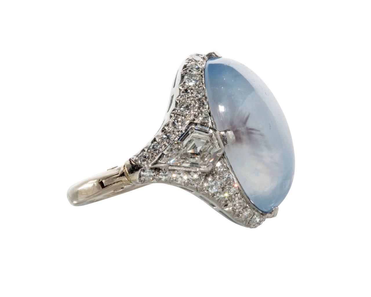 Women's Art Deco Blue-Grey Star Sapphire Diamond Platinum Cocktail Ring