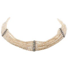 Antique Natural Pearl and Diamond Choker Necklace