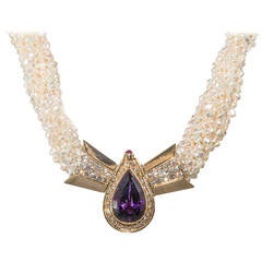 Keshi Pearl Torsade Necklace with a Diamond and Amethyst Pendant