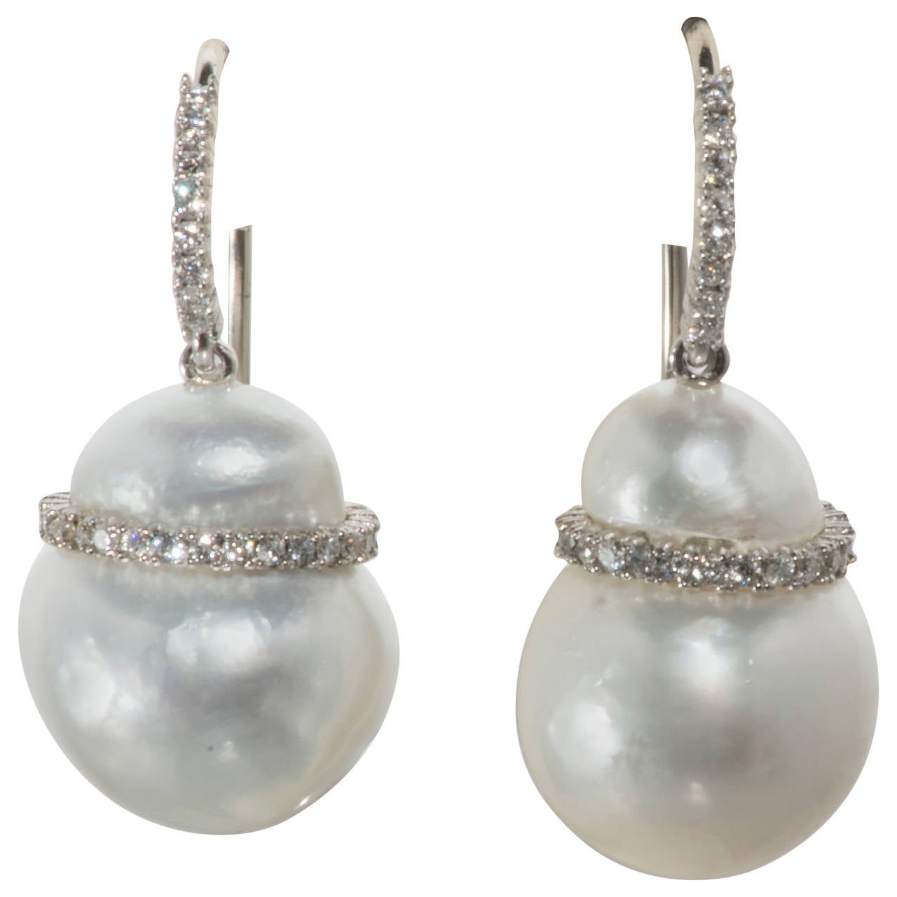 Baroque South Sea Pearl Diamond Gold Drop Earrings at 1stDibs