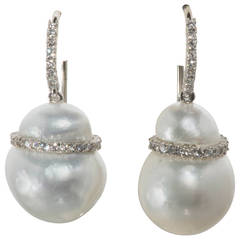 Baroque South Sea Pearl Diamond Gold Drop Earrings
