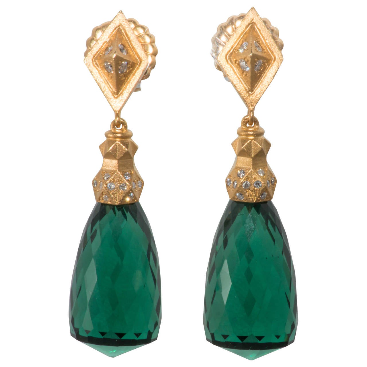 Prasiolite Diamond Gold Dangle Earrings For Sale