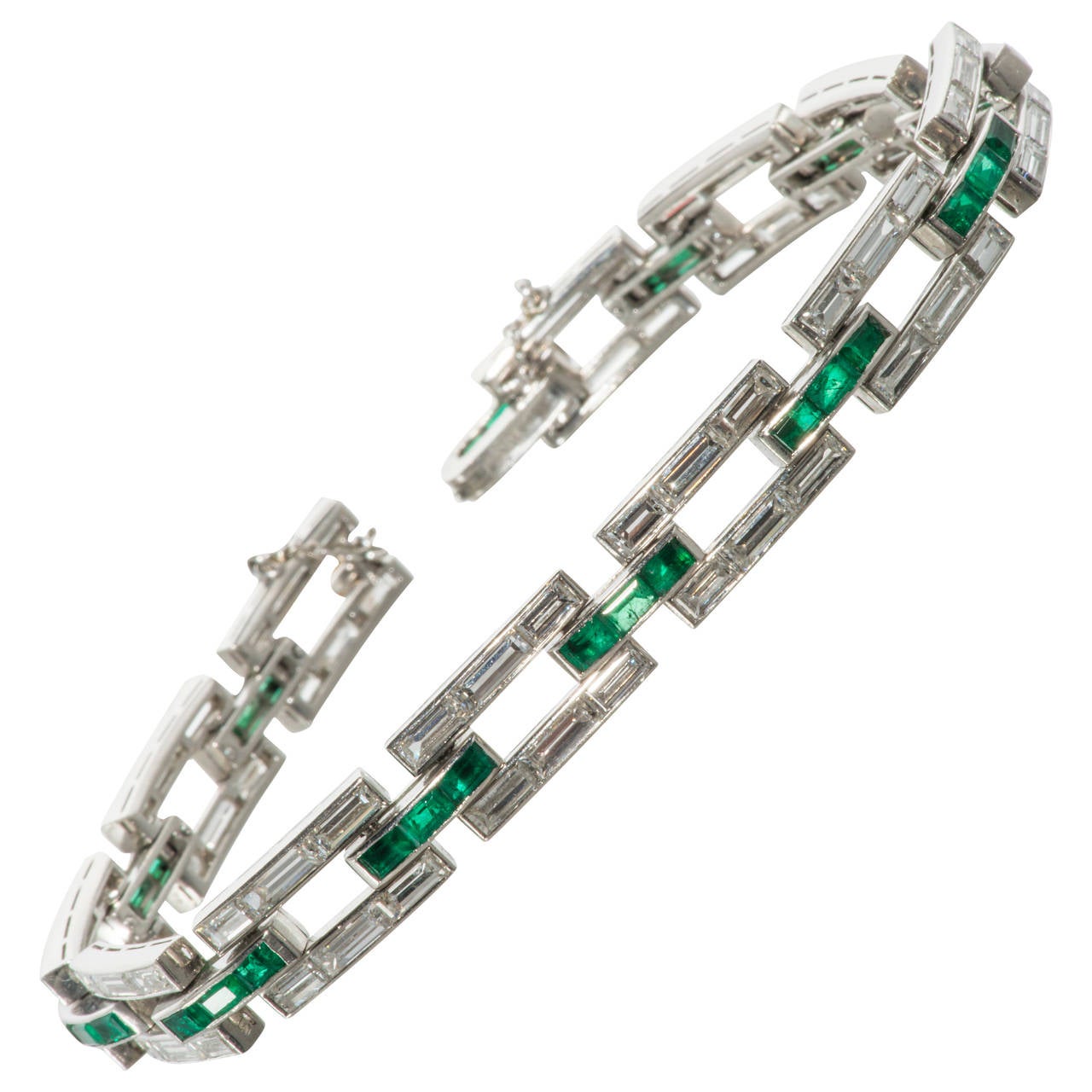 Cartier Art Deco Emerald Diamond Platinum Link Bracelet For Sale