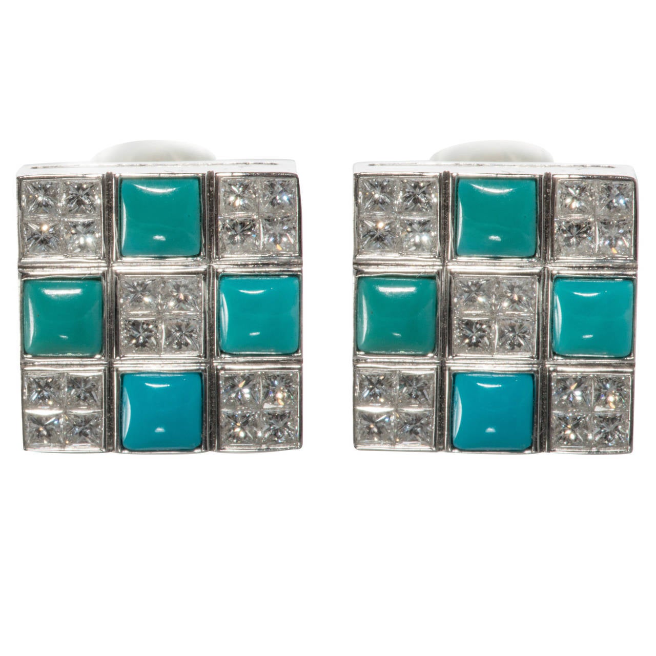 Turquoise Diamond Gold Checkerboard Motif Earrings