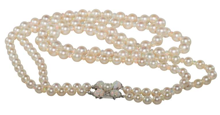 Double Strand of Akoya Pearls with Opal Beads In Excellent Condition For Sale In Houston, TX