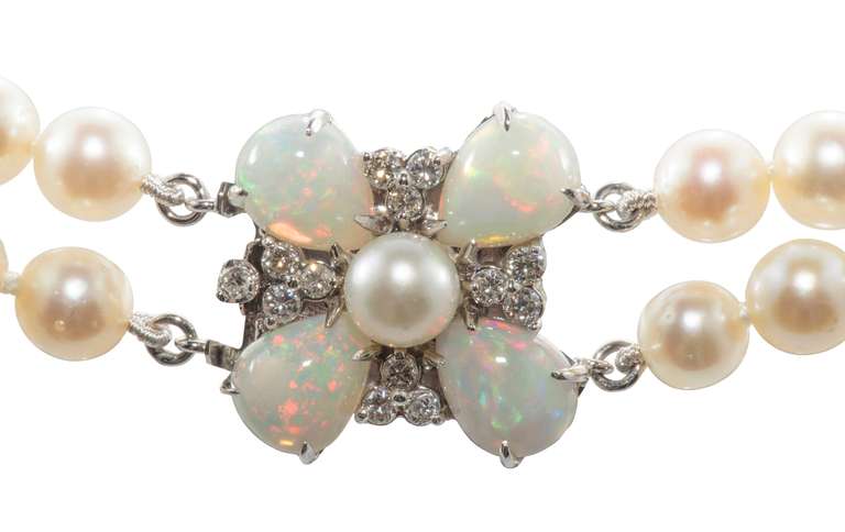 Women's Double Strand of Akoya Pearls with Opal Beads For Sale