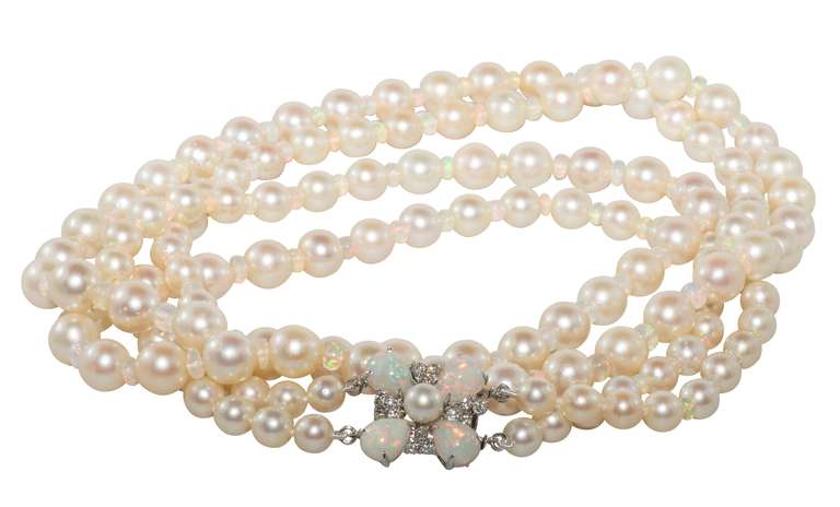 Double Strand of Akoya Pearls with Opal Beads For Sale 1
