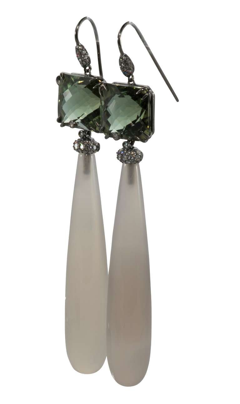 Dazzling chalcedony, prasiolite with diamonds dangle earrings.