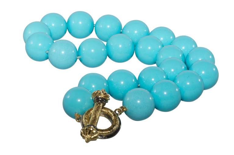 Beautiful turquoise bead necklace with vermeil toggle.