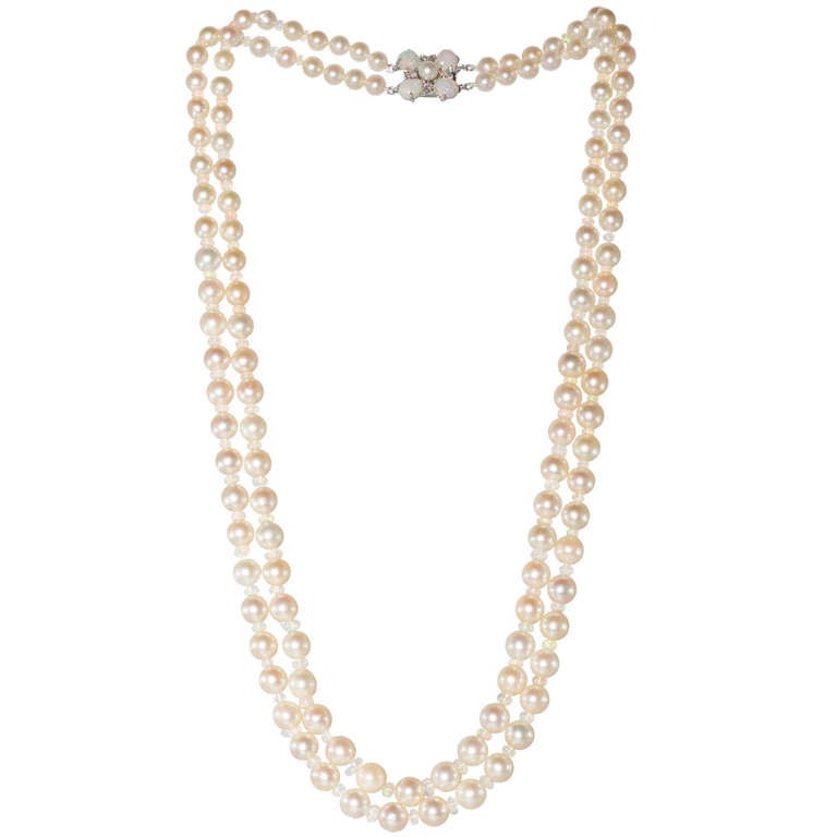 Double Strand of Akoya Pearls with Opal Beads For Sale