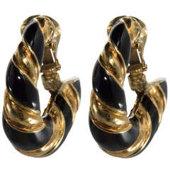 David Webb Black Enamel Yellow Gold Hoop Earrings