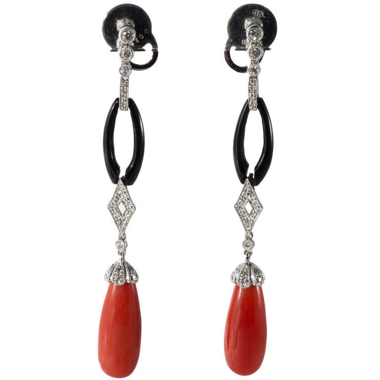 Black Onyx Coral Diamond Earrings