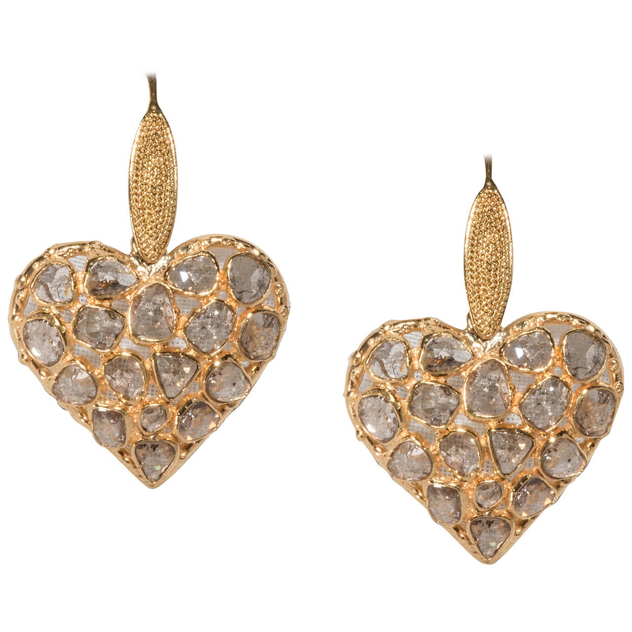 Diamond gold Heart Shaped Drop Earrings For Sale