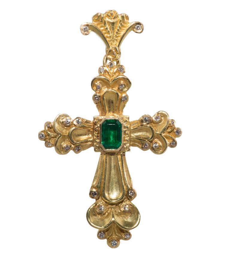 18kt gold hand carved emerald and diamond cross pendant designed by Kelli Brown in San Miguel Allende.   Emerald= approx.1.50ct.  30 diamonds= approx. .60ct. tw.