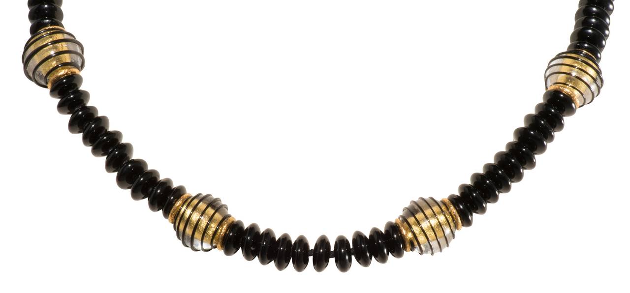 Black onyx and Venetian glass bead necklace with Vermeil clasp.  17 1/4 inches long.