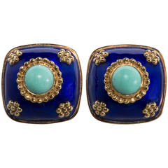 Blue Enamel Turquoise Gold Earrings
