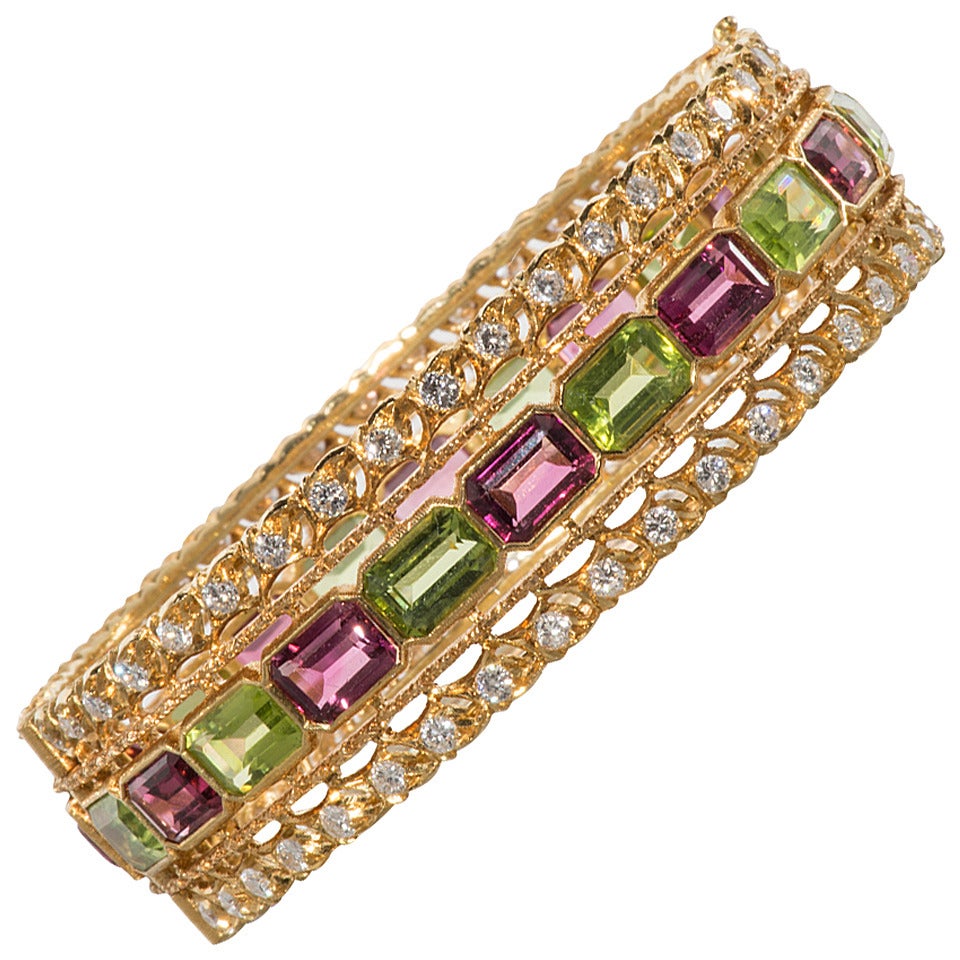 Buccellati Rubelite Peridot Diamond Gold Bracelet For Sale