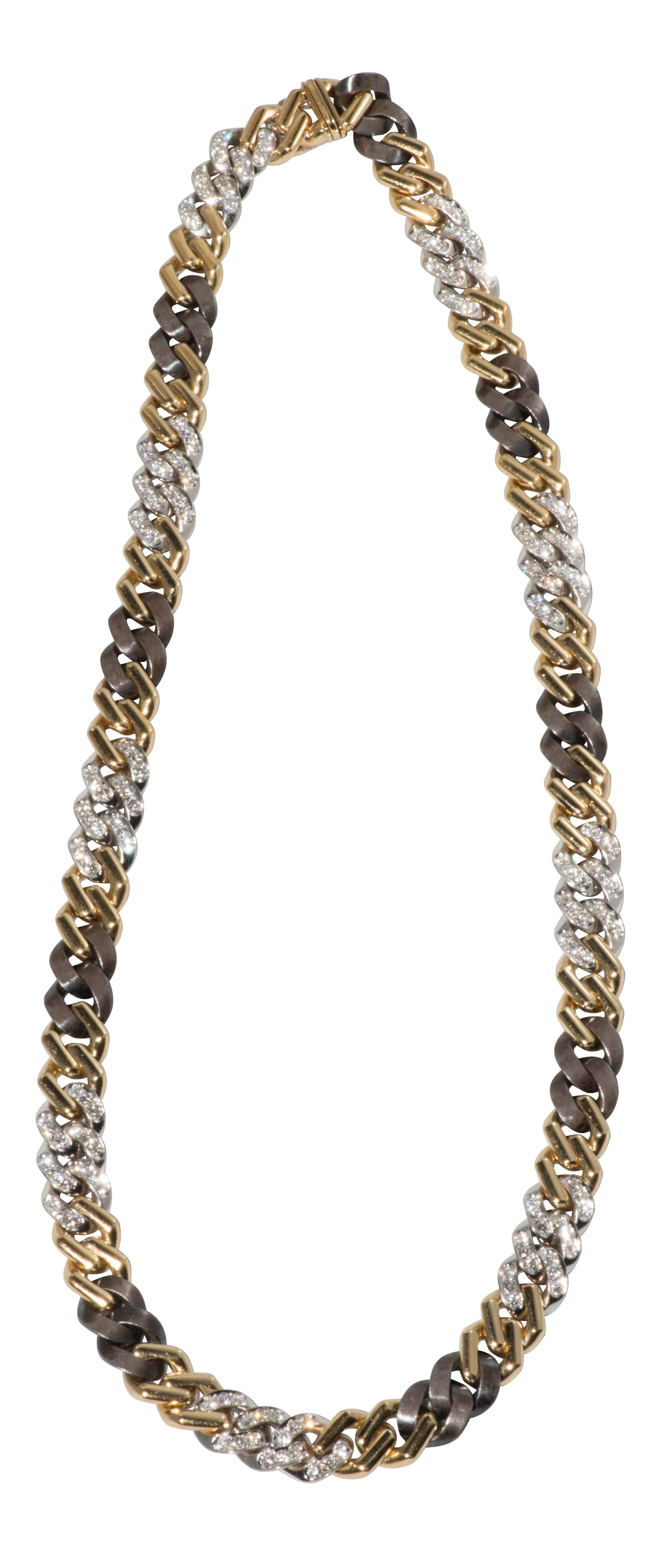 Women's Diamond Patinated Steel Gold Curb Link Necklace