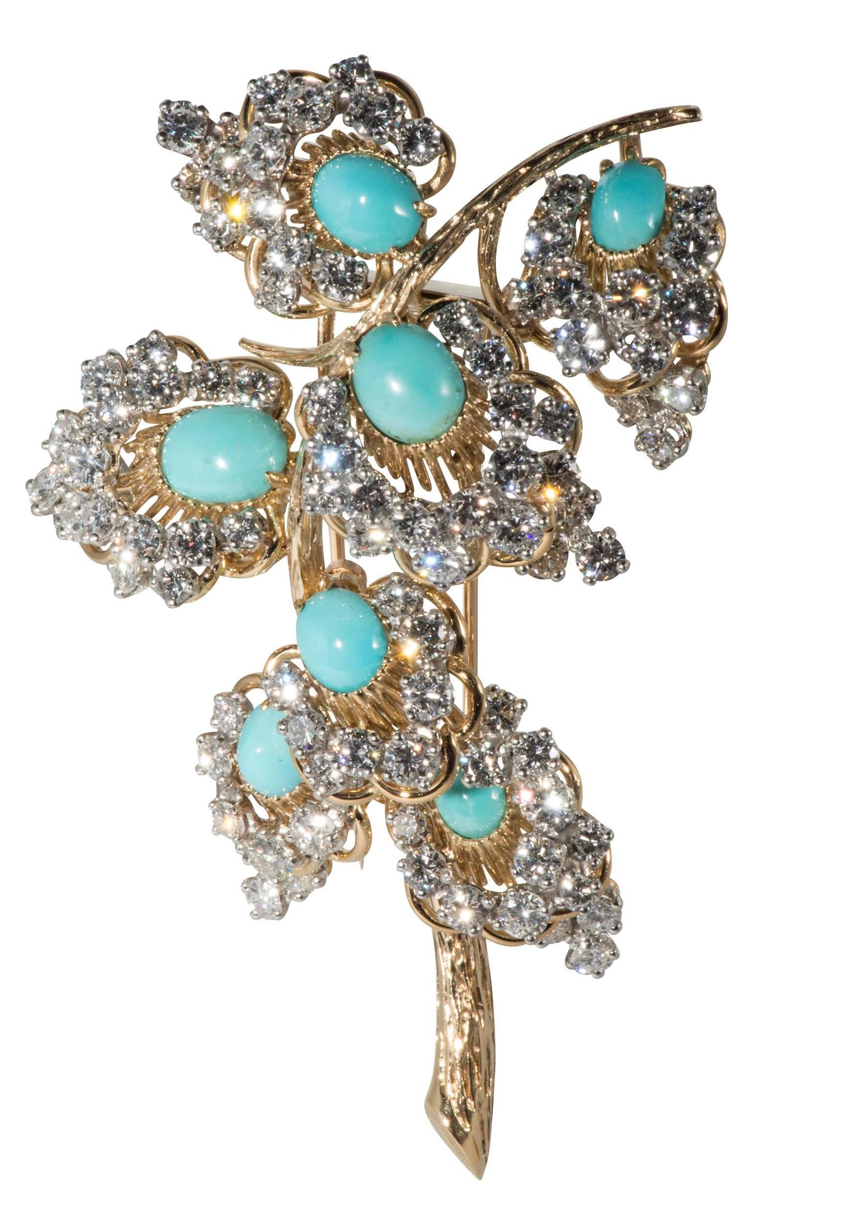 French Turquoise, Diamond, Gold  & Platinum Brooch In Excellent Condition For Sale In Houston, TX