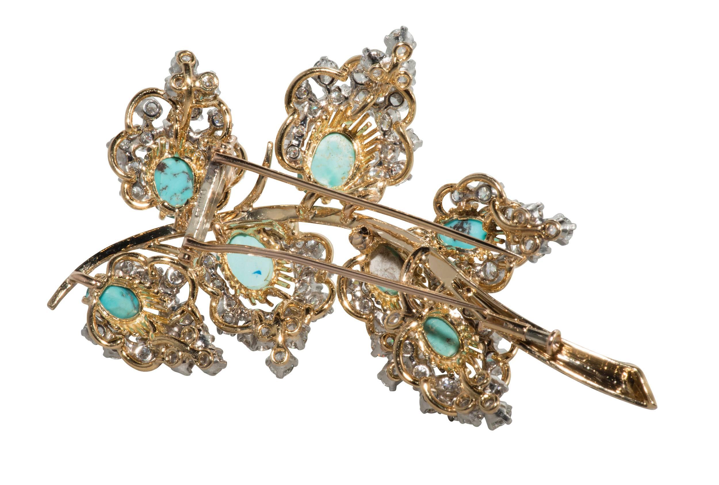 Women's French Turquoise, Diamond, Gold  & Platinum Brooch For Sale