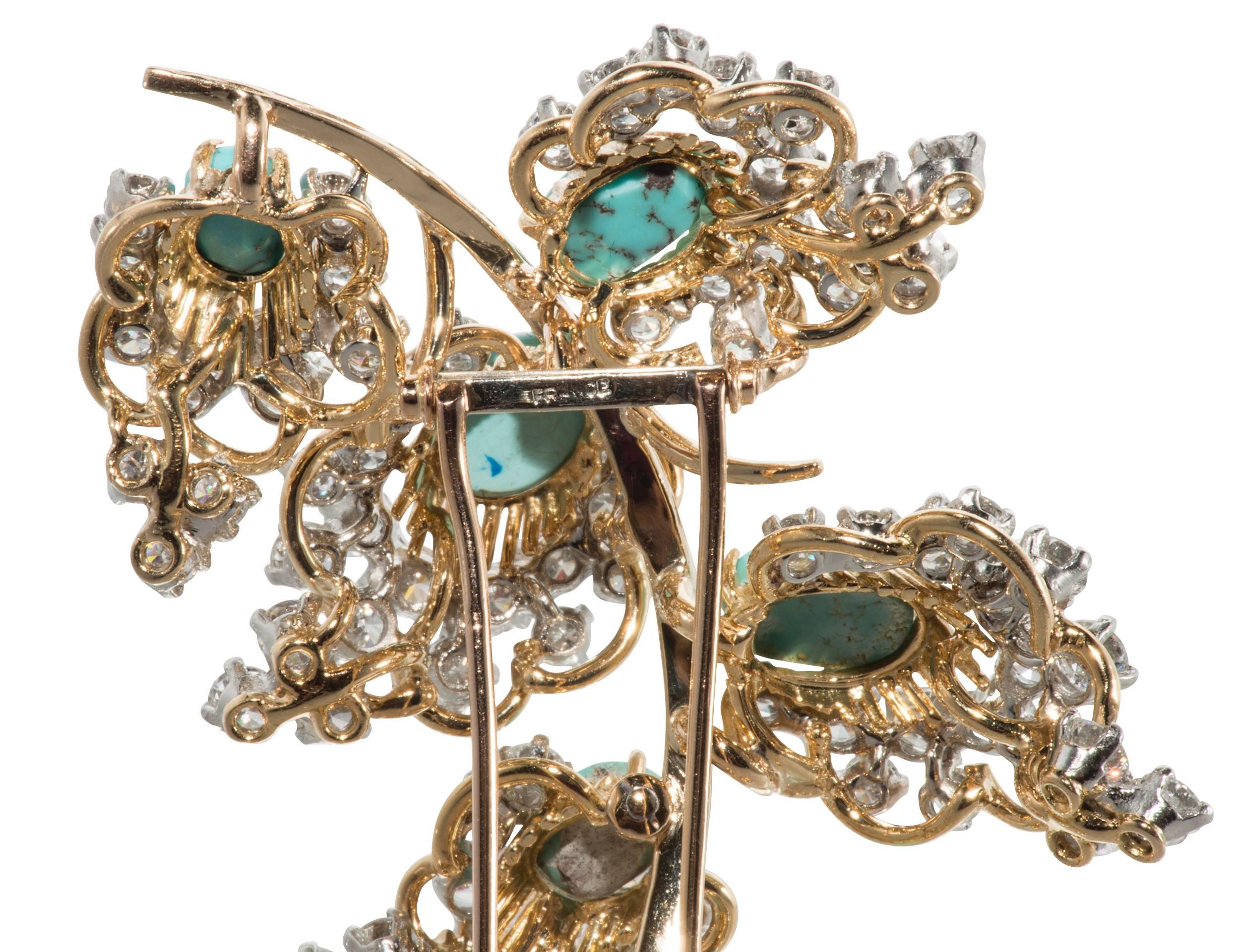 French Turquoise, Diamond, Gold  & Platinum Brooch For Sale 1