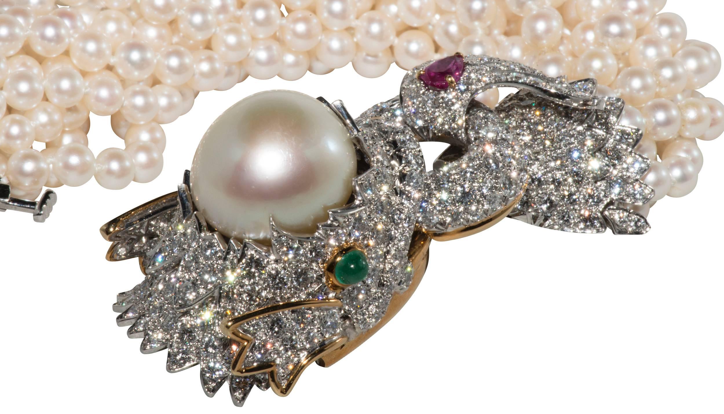 Women's David Webb Pearl ruby emerald Diamond gold platinum Bracelet