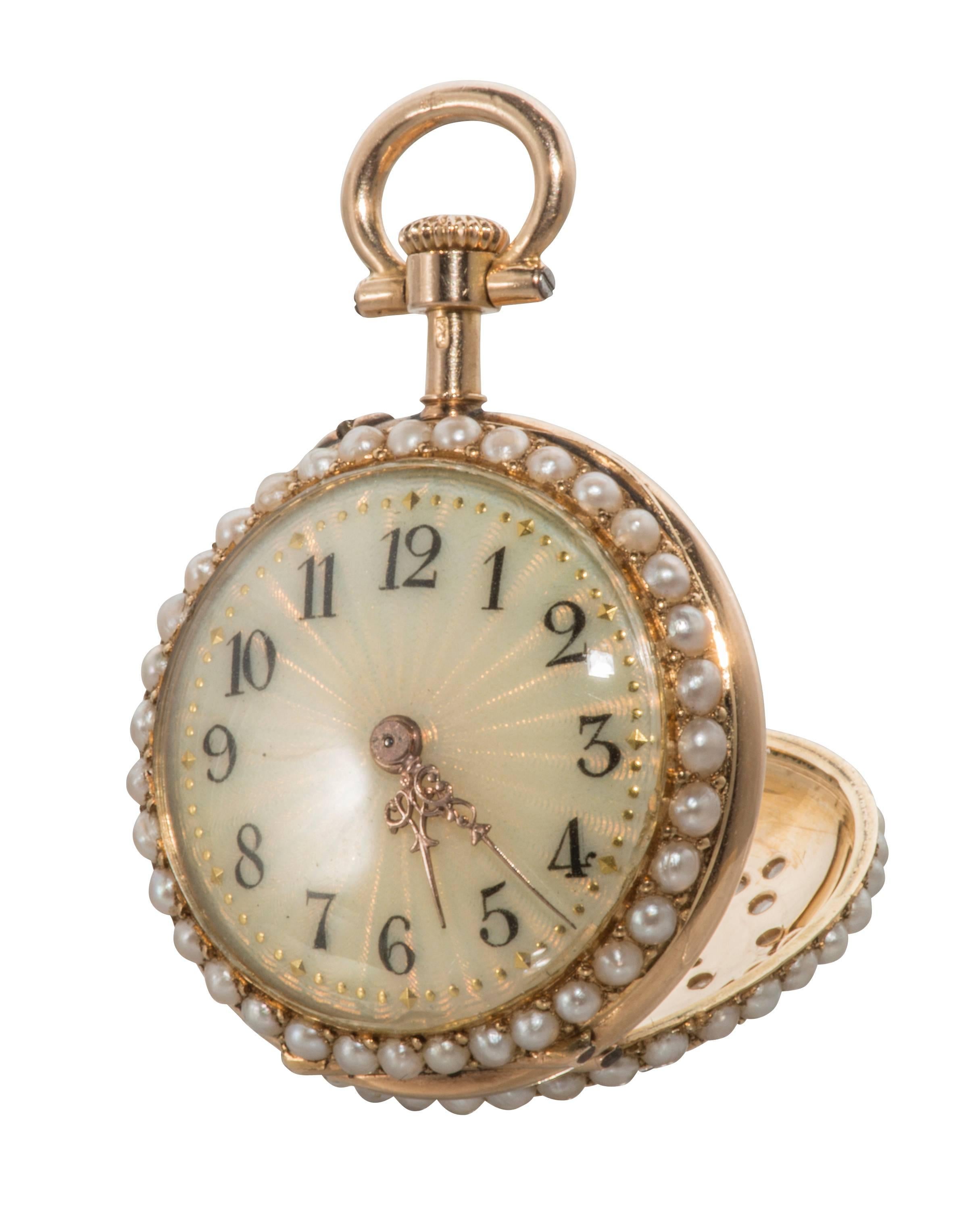 Russian Ladies Enamel Natural Pearl Gold Pendant Watch In Excellent Condition For Sale In Houston, TX