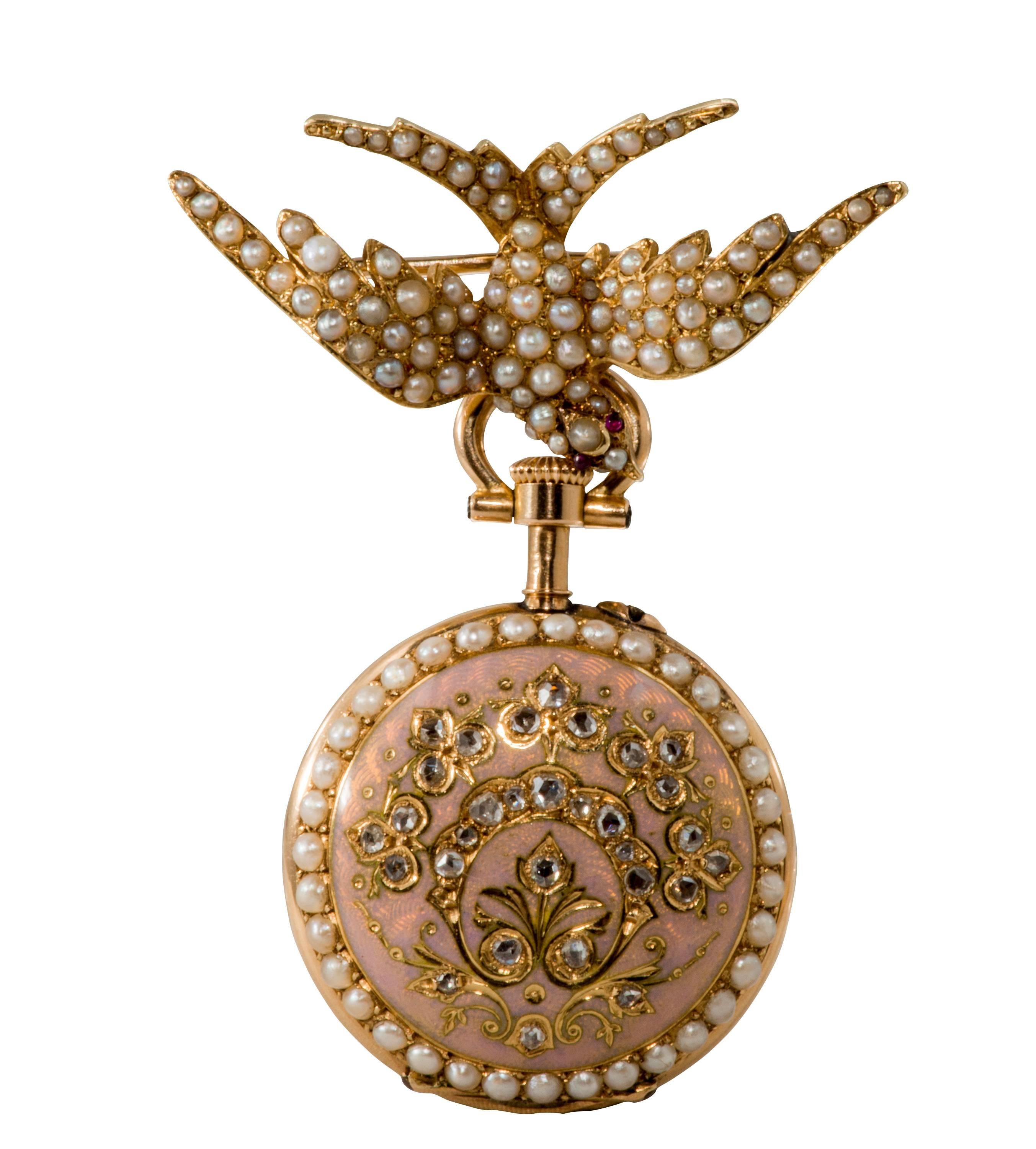 Russian Ladies Enamel Natural Pearl Gold Pendant Watch For Sale 3