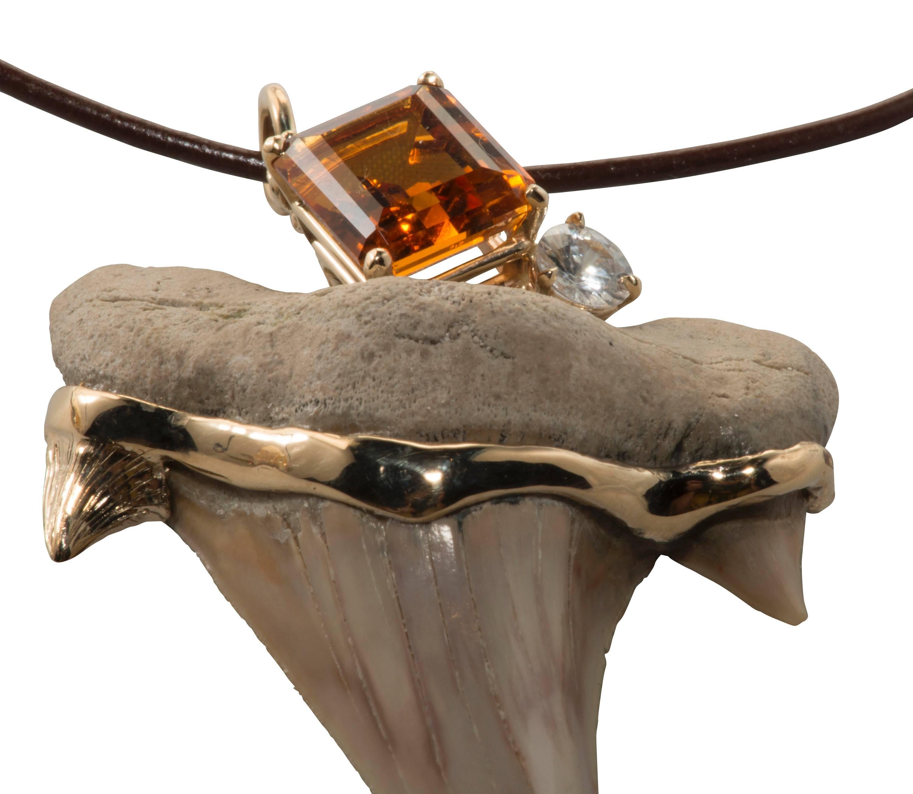 Citrine Natural Zircon Gold Fossilized Shark's Tooth Pendant  In Excellent Condition For Sale In Houston, TX