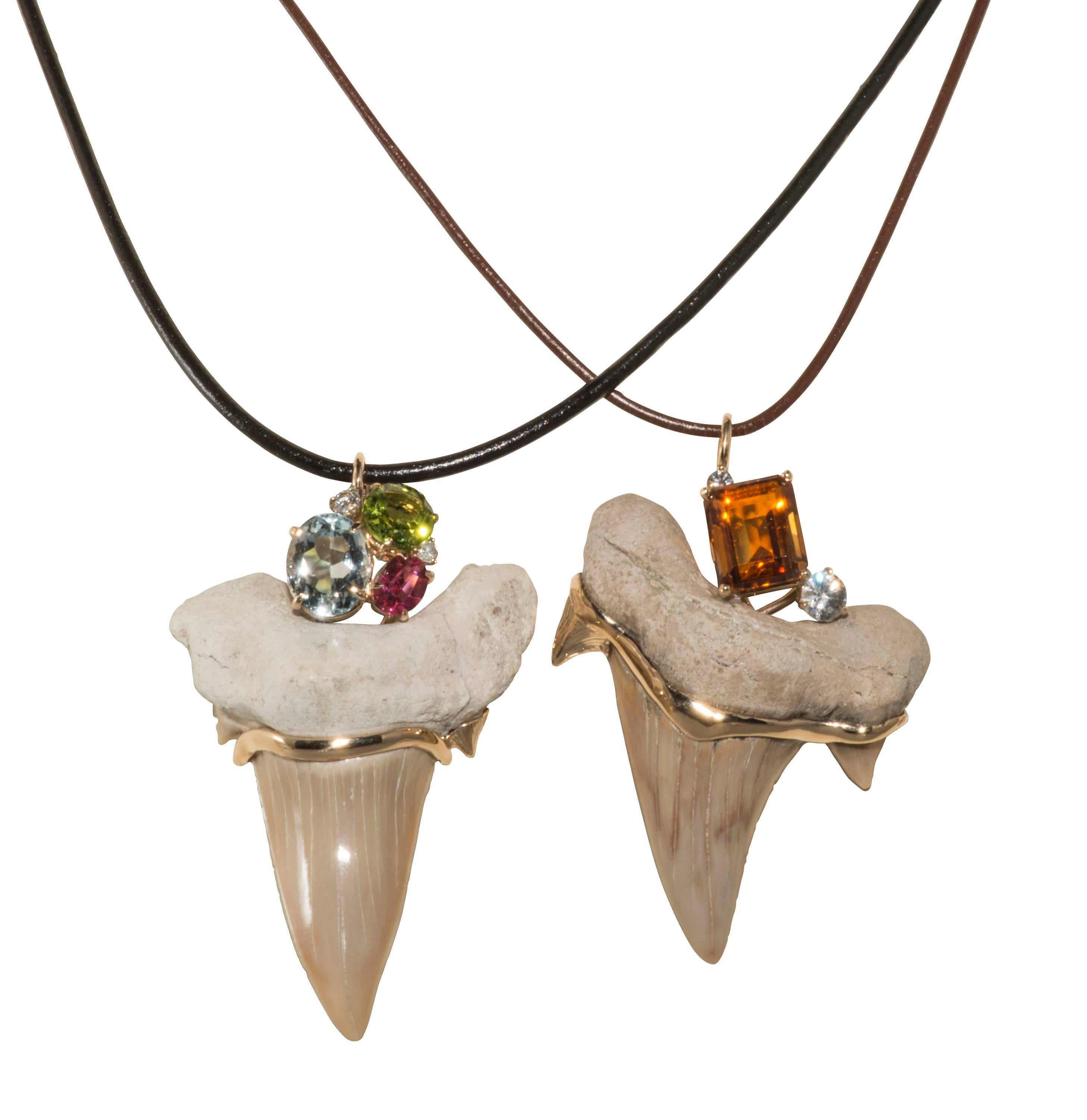 This pendant is made from a fossilized sharks tooth with a beautiful citrine and natural zircon set in 14k yellow gold.