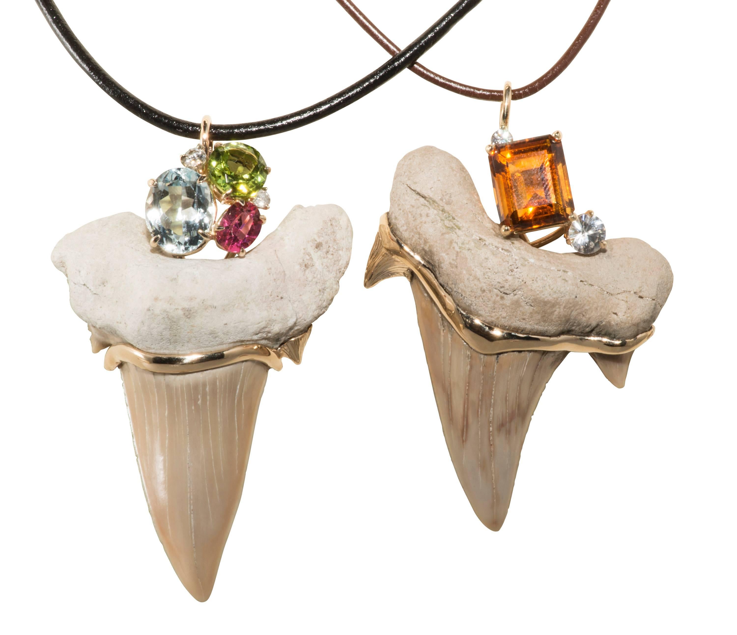 Contemporary Aquamarine Peridot Pink Spinel Diamond Gold Fossilized Shark's Tooth Pendant  For Sale