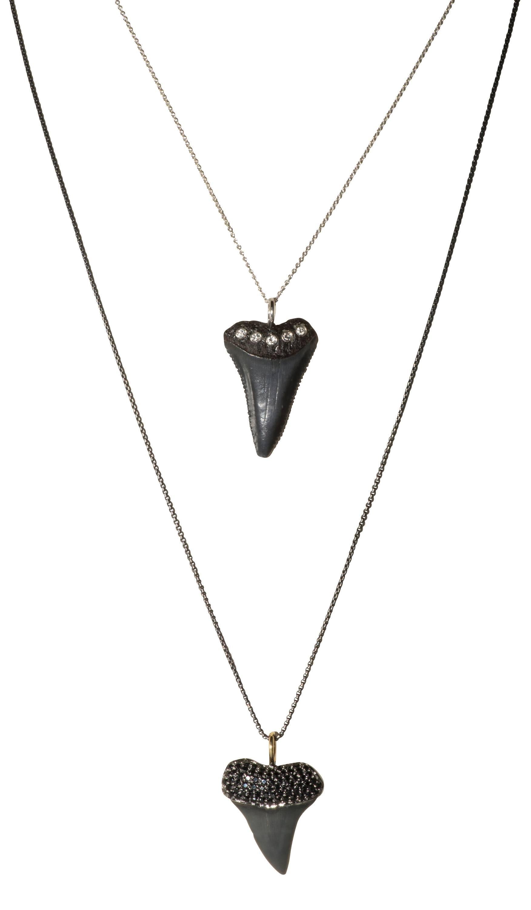 This is a pendant made from a  fossilized shark tooth with diamonds.