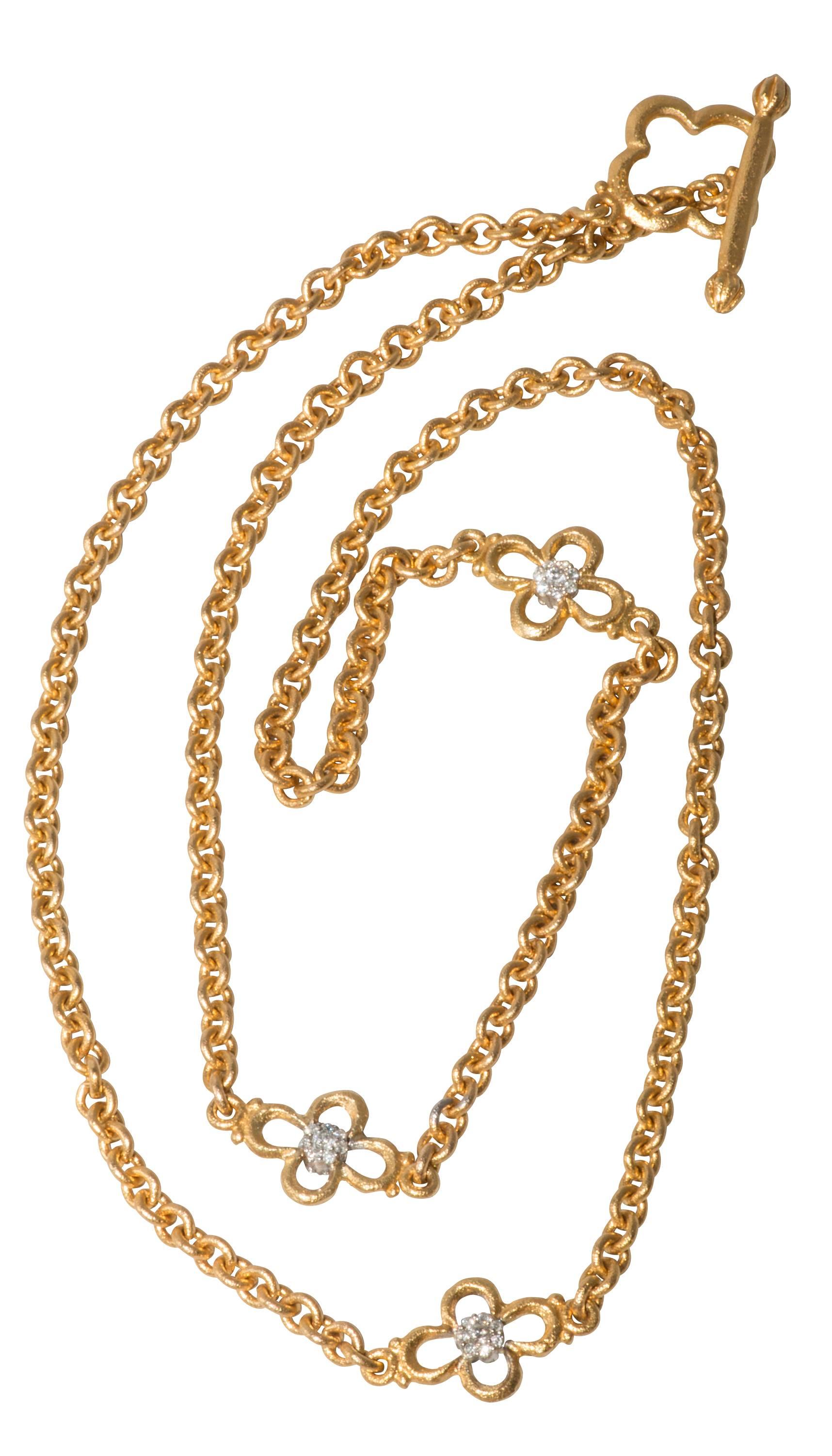 Women's Cable link Yellow Gold Chain with Diamond Quatrefoils For Sale