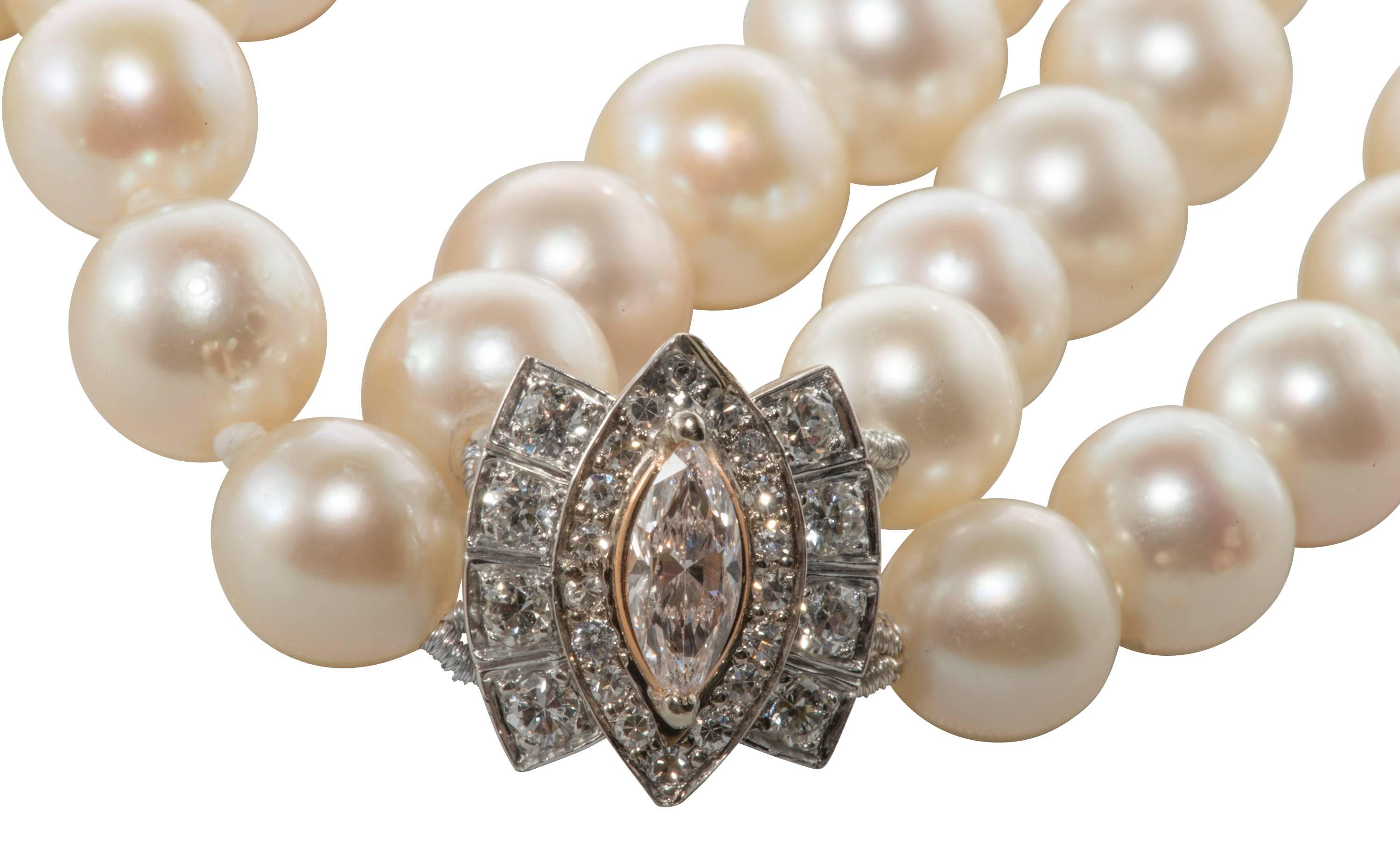  Double Strand Akoya Pearls with Pink Diamond Clasp In Excellent Condition In Houston, TX