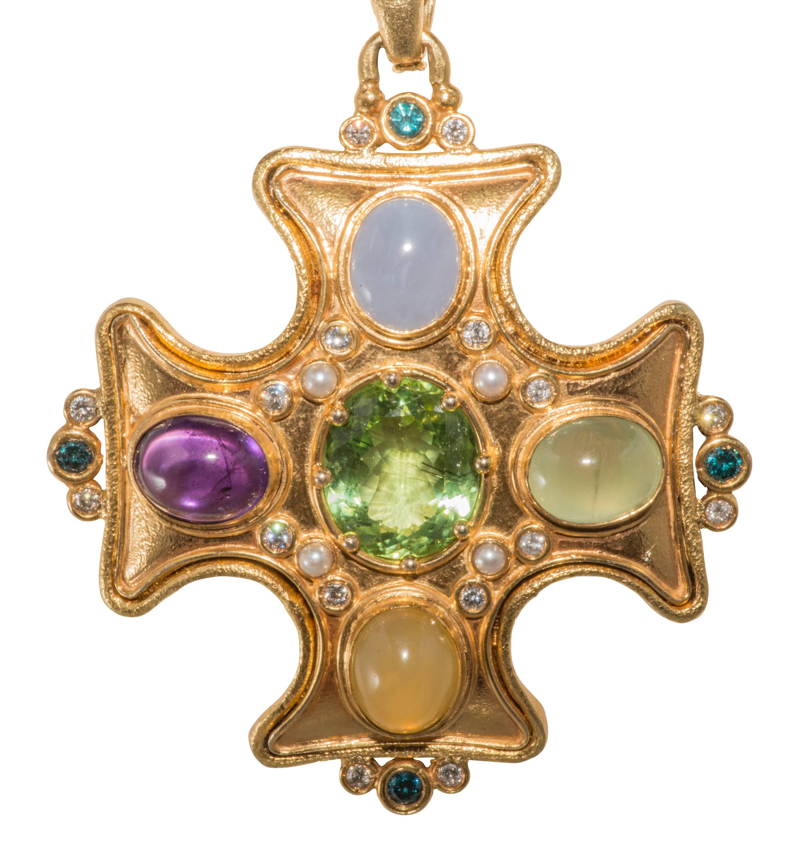 Byzantine Maltese Cross Pendant with Semi Precious Stones For Sale