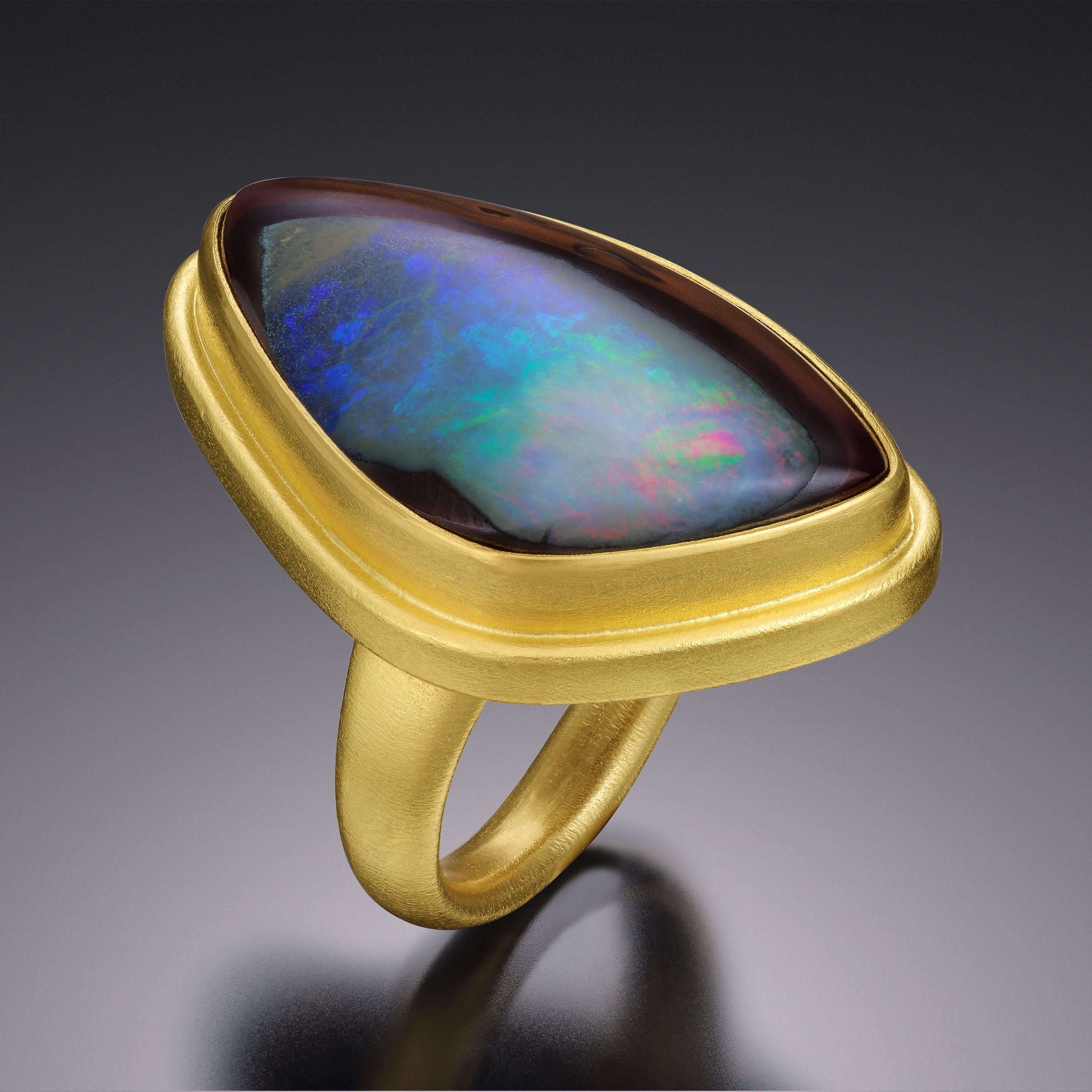 Women's or Men's Australian Boulder Opal Diamond Gold Ring For Sale