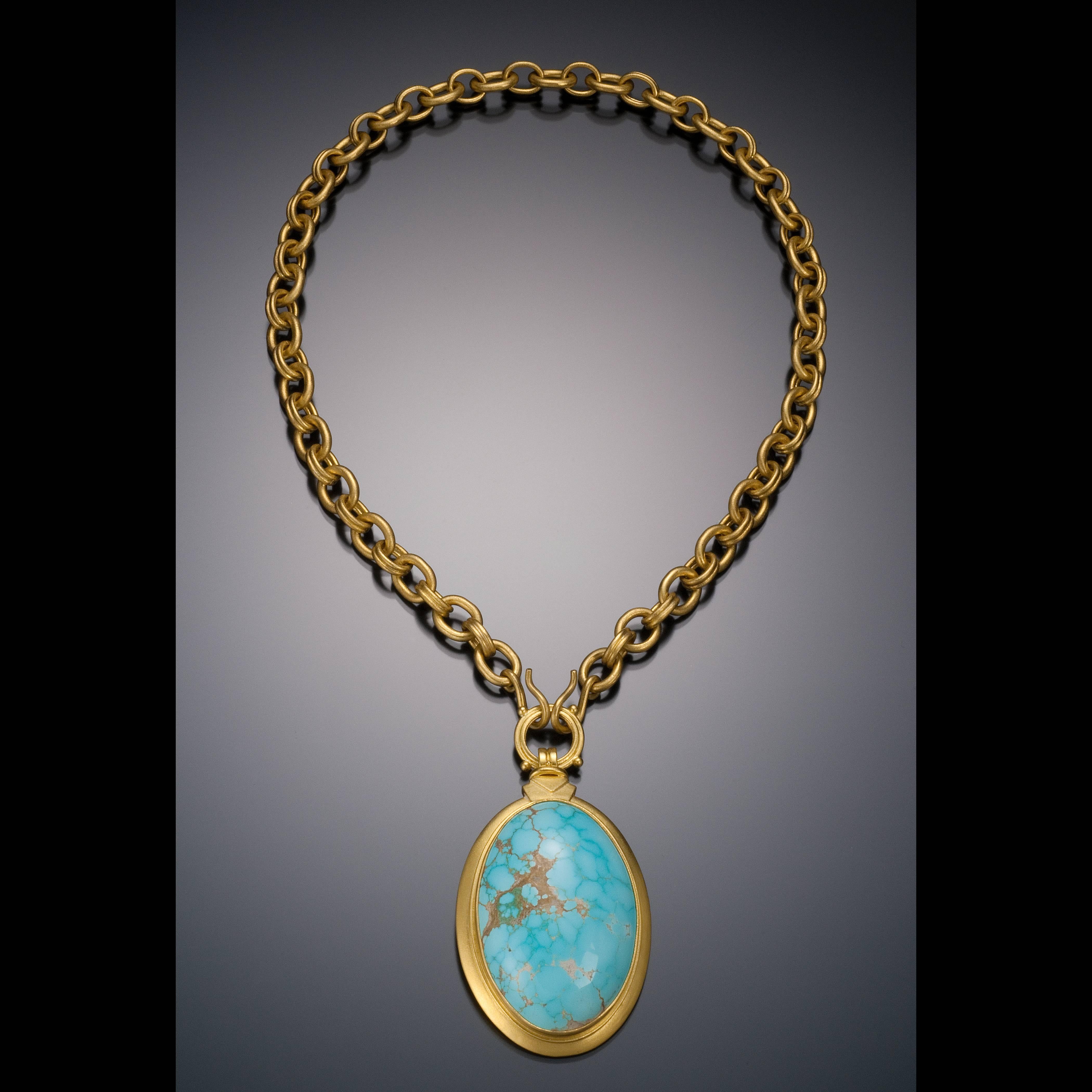 Large Turquoise Gold Drop with Handmade Chain In New Condition For Sale In Portland, ME