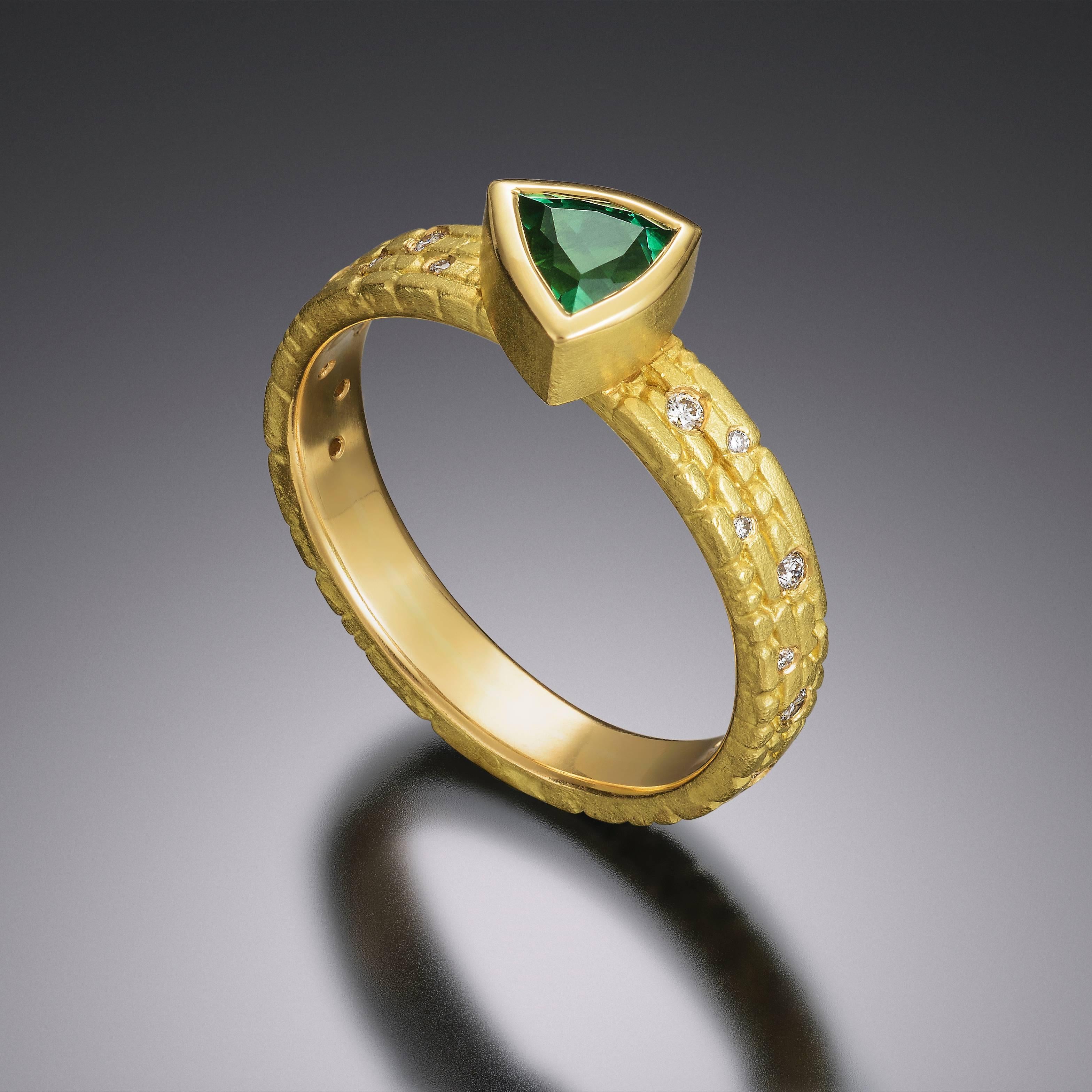 Trillion Cut 18kt Gold Ring with Usakos Tourmaline and Diamonds For Sale