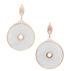 Donald Huber Icy White Jade Disc Rose Gold Earrings