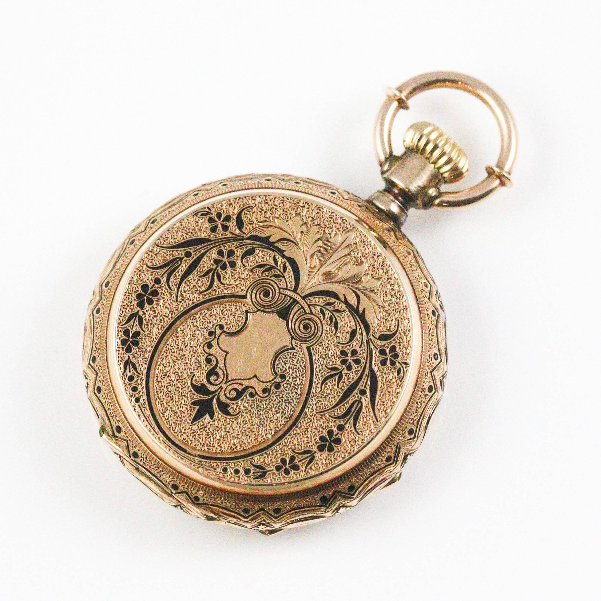 This beautiful Louis Reymond Victorian pocket watch features an intricate black enamel design at all angles of the watch that is in near immaculate condition considering the age of the watch. The watch features a wolf teeth movement with a porcelain