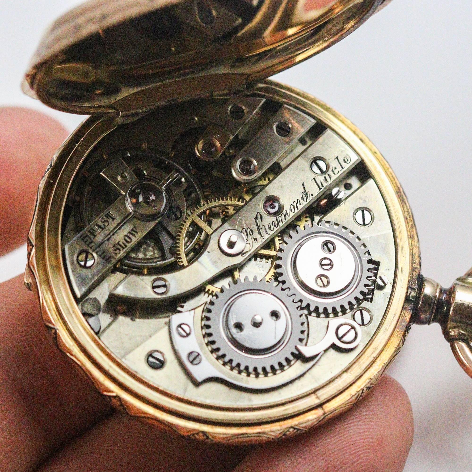 Rose Cut Victorian Yellow Gold Black Enamel Louis Reymond Pocket Watch 