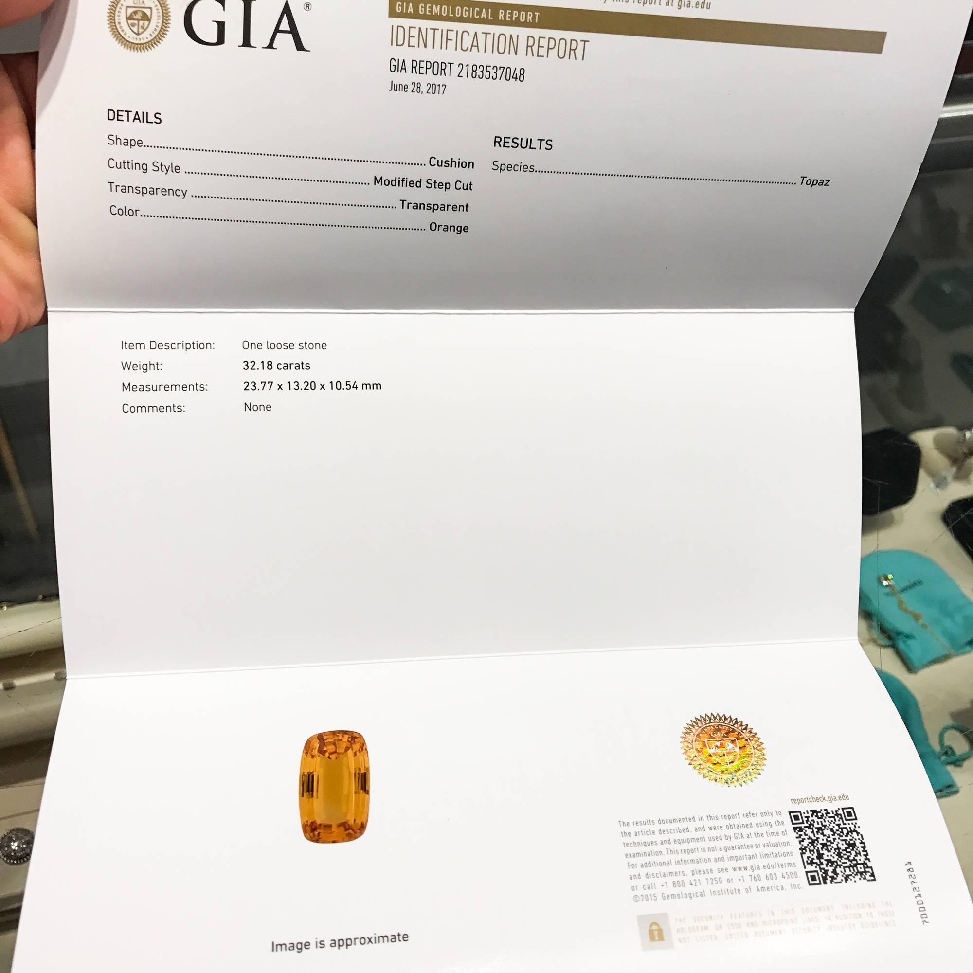 Modern 32.18 Carat GIA and PGS Certified Cushion Cut Imperial Topaz