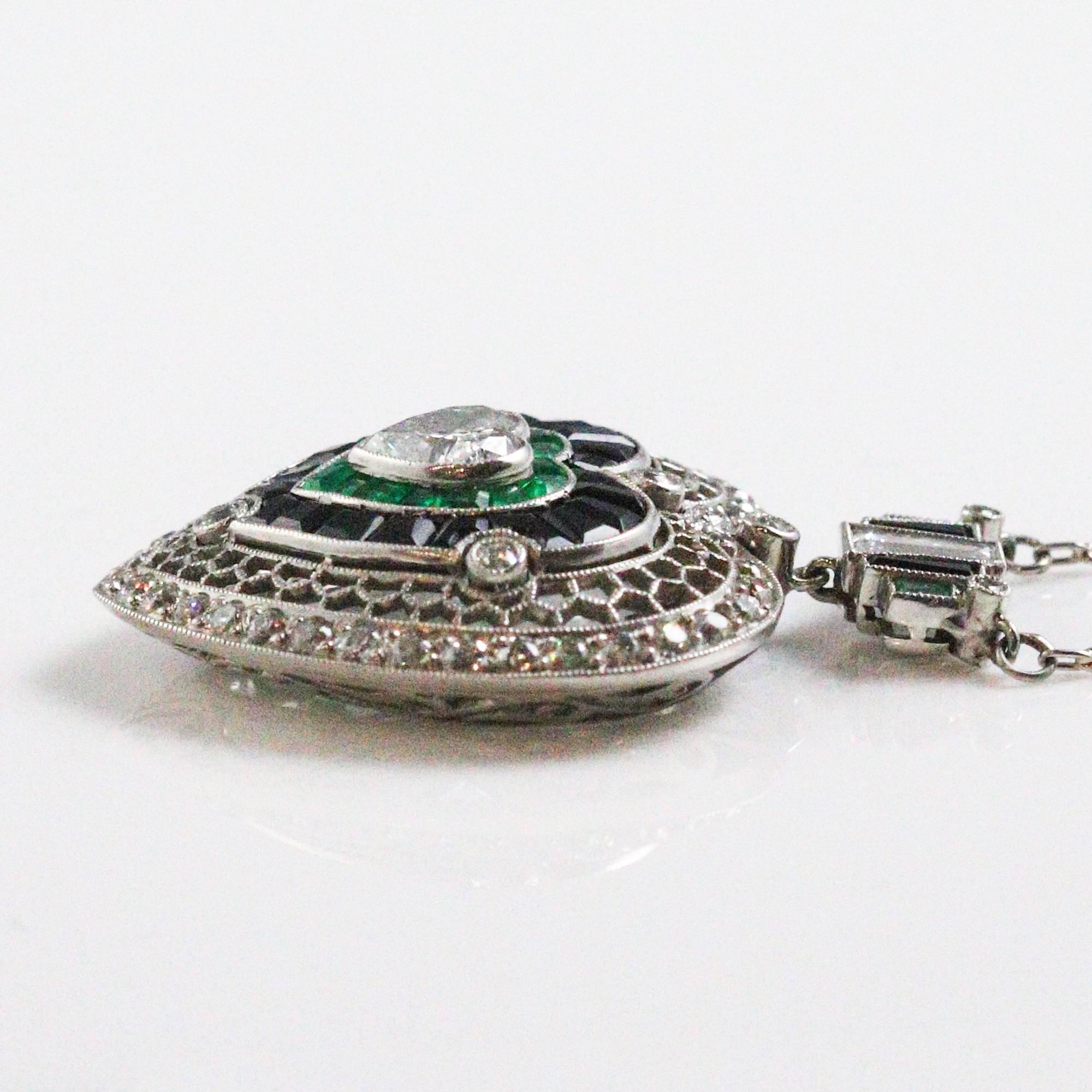 Art Deco Heart Shape Diamond Emerald Onyx Necklace